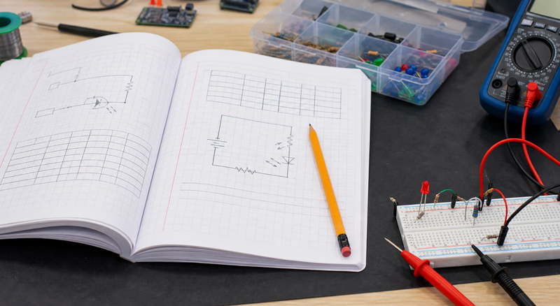 Open student electronics lab notebook with circuit sketch, measurement table, breadboard LED circuit, component tray, and multimeter probes