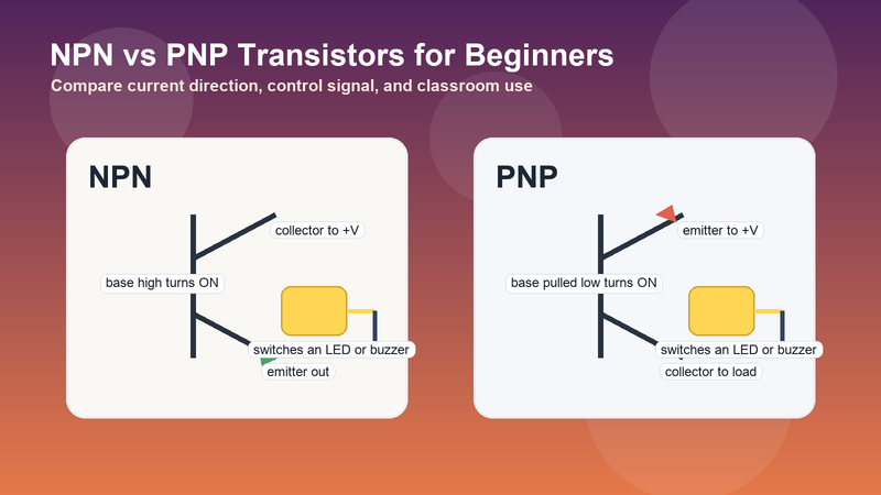 Side by side beginner comparison graphic showing how NPN and PNP transistors switch loads with opposite control polarity
