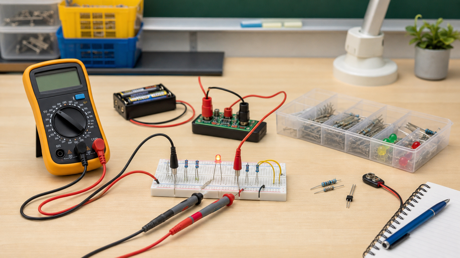 Classroom Ohm's Law activity with breadboard circuit resistors and multimeter