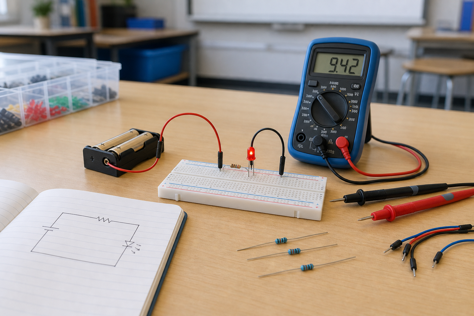 Breadboard Ohm's law activity with a low-voltage LED circuit, resistors, and digital multimeter in a STEM classroom