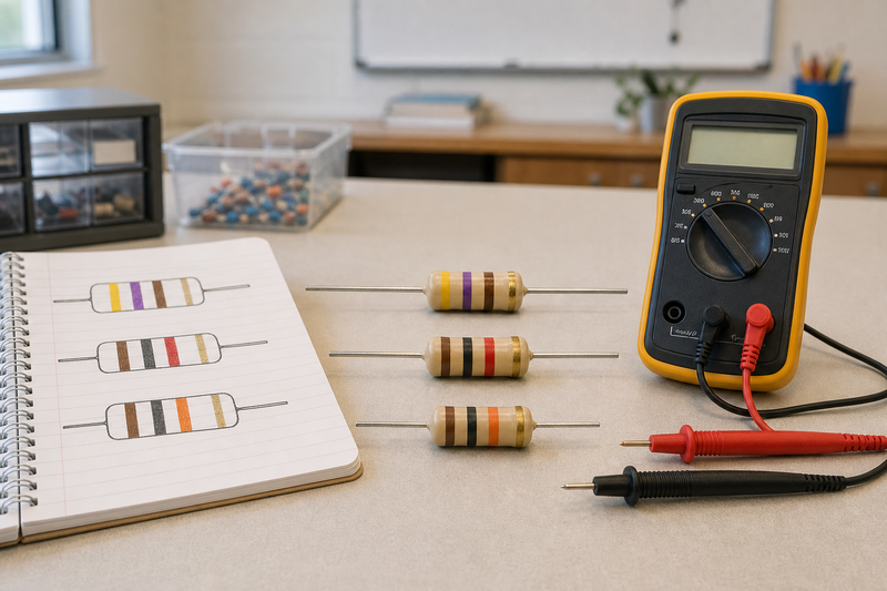 Color-banded resistors beside a digital multimeter and resistor sketches on a STEM classroom workbench