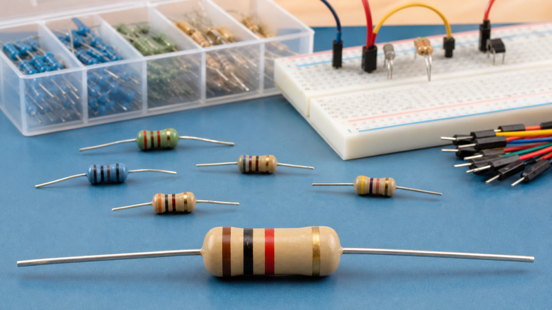 Resistors with visible color bands arranged for a classroom electronics lesson