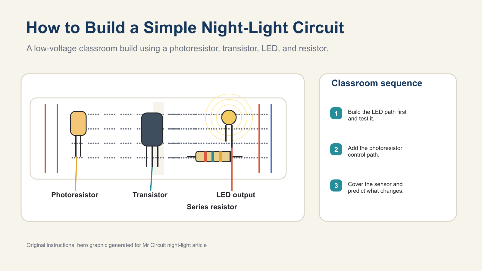 Safe low-voltage circuit project setup with a breadboard, battery pack, LED, and beginner-friendly components