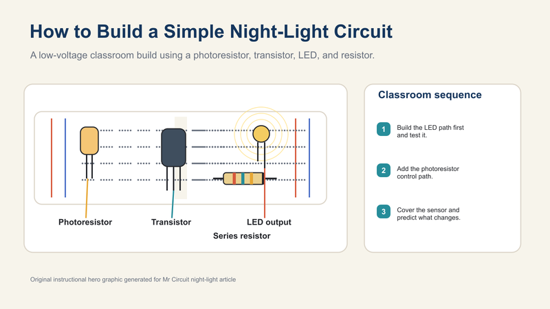 Safe low-voltage circuit project setup with a breadboard, battery pack, LED, and beginner-friendly components