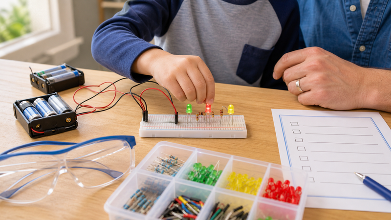 Parent-supervised homeschool circuit table with safety glasses, low-voltage battery packs, breadboard LEDs, resistors, and component organizer