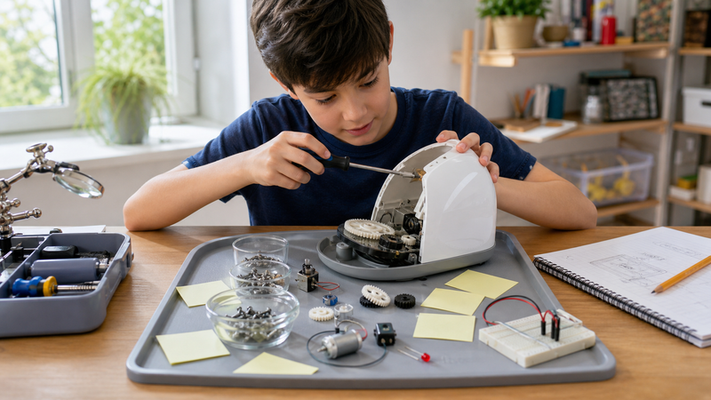 Student safely taking apart a battery-free object while sorting gears, screws, motor, switch, LED, and breadboard parts on a homeschool STEM table