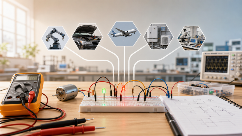 Breadboard circuit, multimeter, schematic notebook, and career pathway visuals for robotics, automotive, aviation, HVAC, and electronics