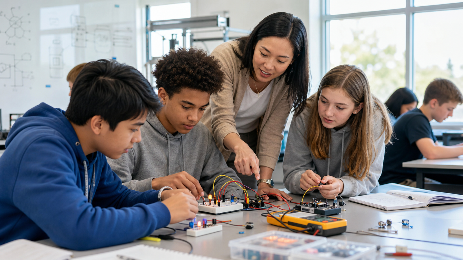 Students learning STEM electronics with breadboard circuits in a classroom
