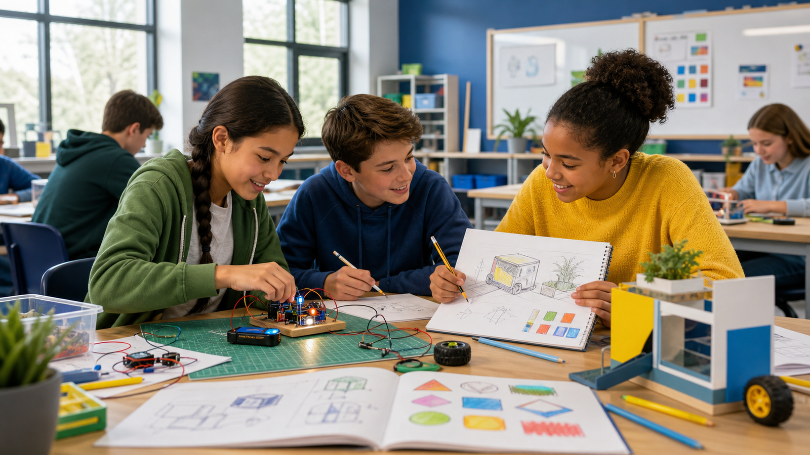 Students comparing a circuit build with design sketches during a STEM versus STEAM classroom lesson