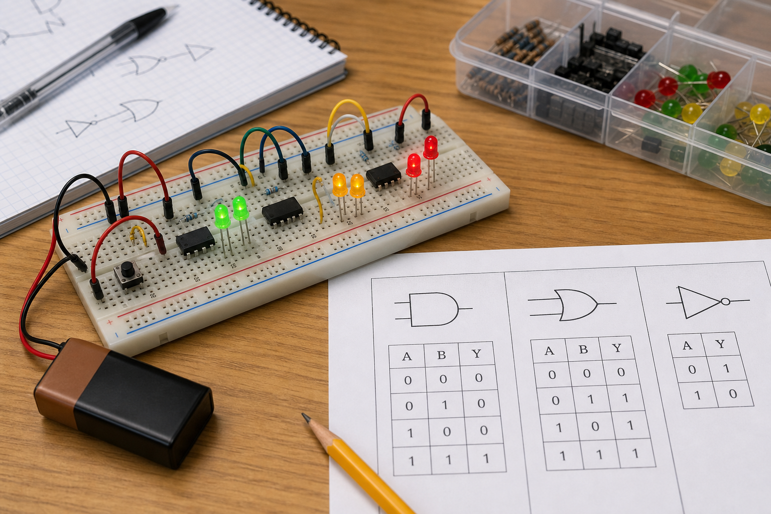 Beginner digital electronics setup with a 555 timer chip on a breadboard and a simple LED timing circuit