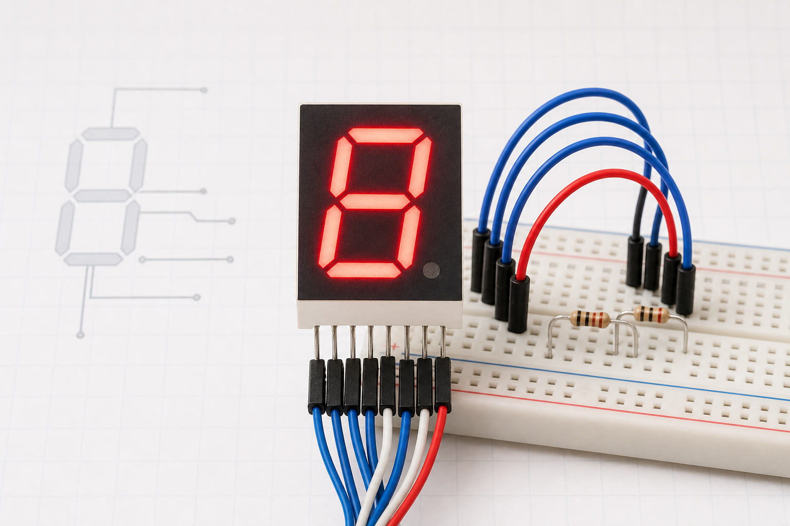 Red seven-segment display showing the number 8 on a breadboard with jumper wires and resistors