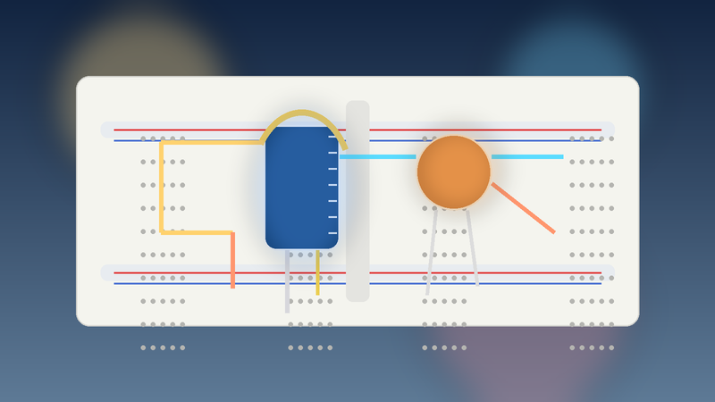 Beginner electronics graphic showing a capacitor on a breadboard with simple circuit connections