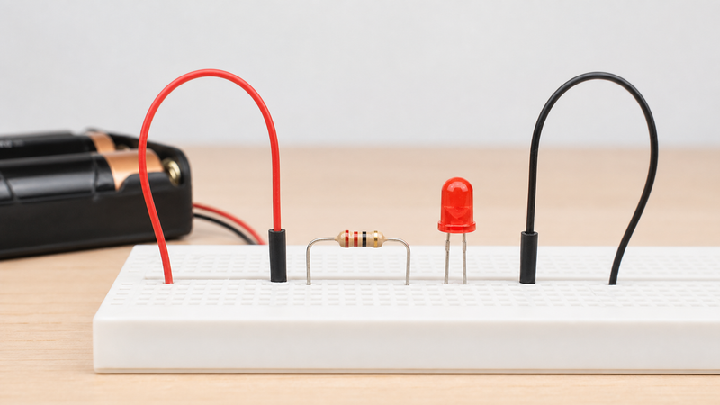 Beginner electronics setup using an LED and simple low-voltage components to explain diode direction