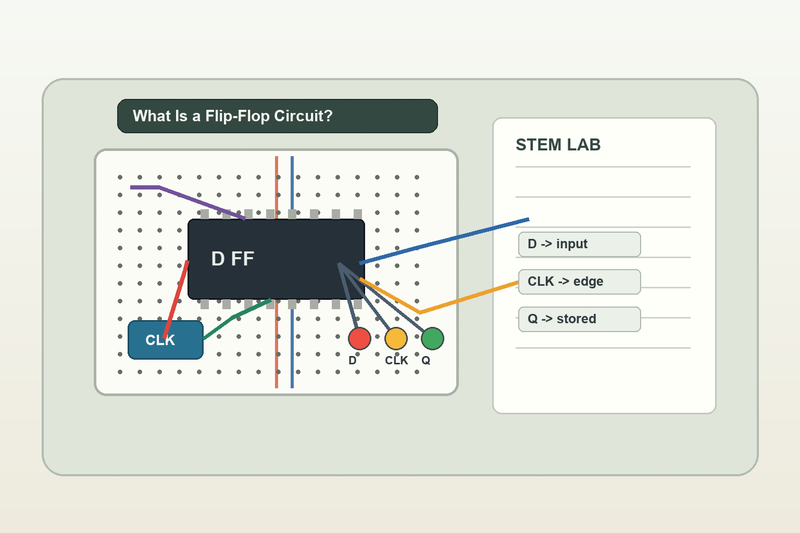 Breadboard flip-flop circuit lesson with D input clock edge and Q output showing one bit of memory