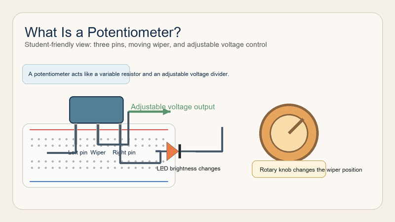 Educational bitmap showing a rotary potentiometer on a breadboard with a knob, three labeled pins, and an LED brightness control example