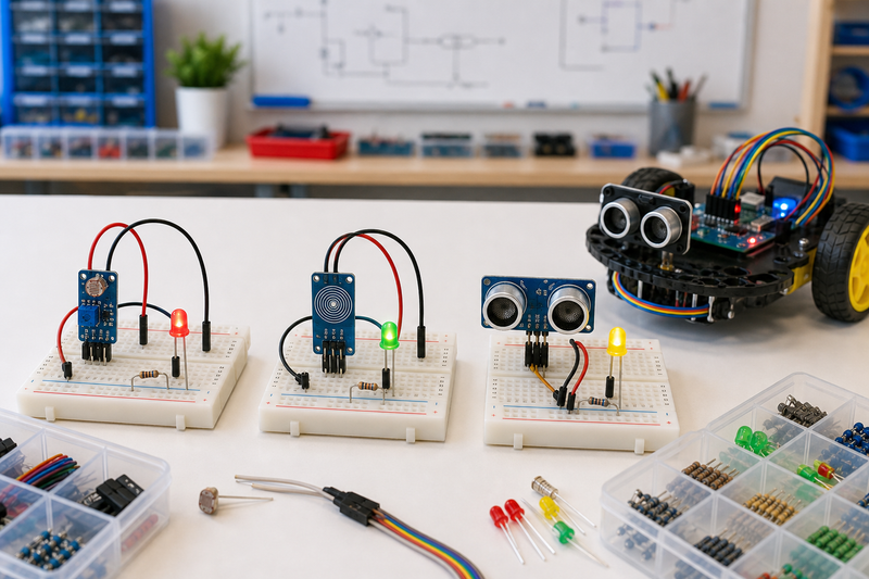 Educational diagram showing how light touch and distance sensors turn physical input into signals for circuits and robots