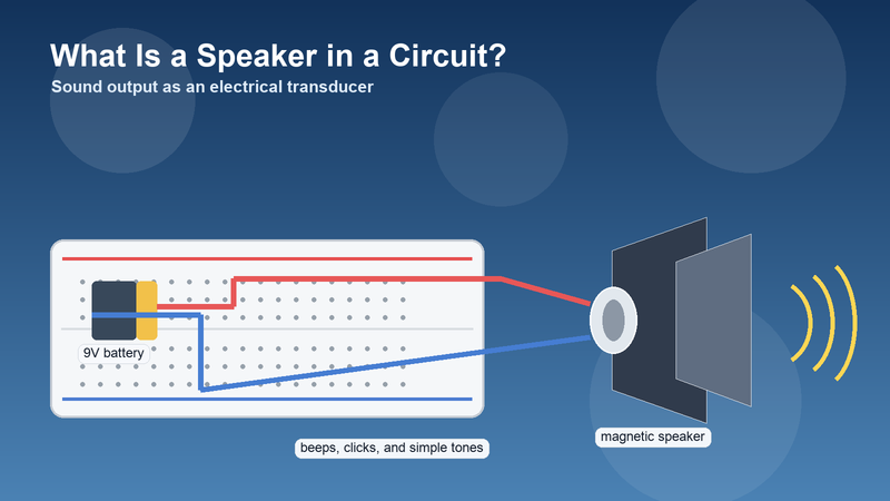 Beginner electronics illustration showing a breadboard connected to a magnetic speaker that produces simple beeps and tones