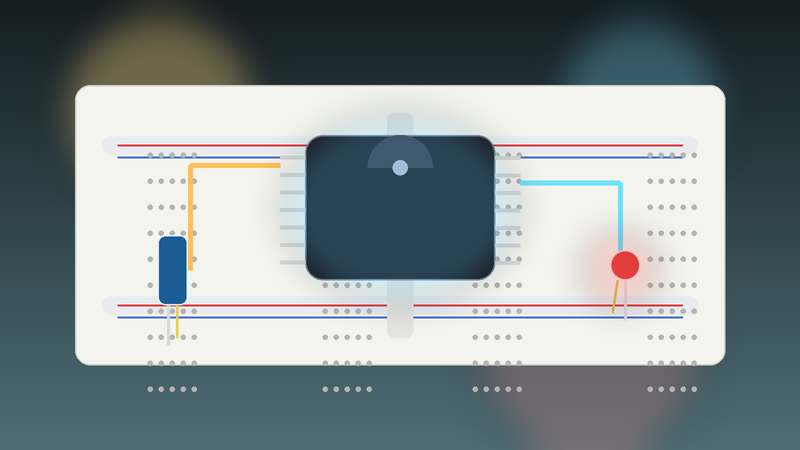 Beginner electronics graphic showing an integrated circuit chip on a breadboard