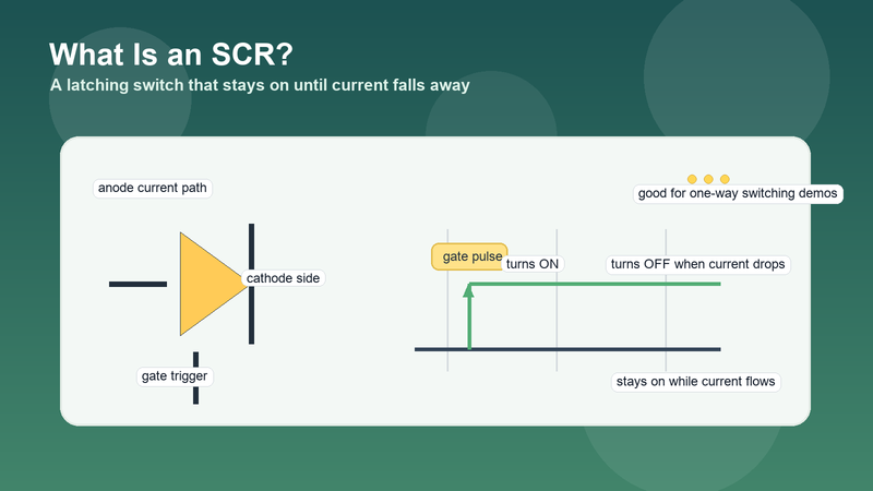 Beginner electronics illustration showing an SCR symbol, a gate pulse trigger, and a line that stays on until current drops