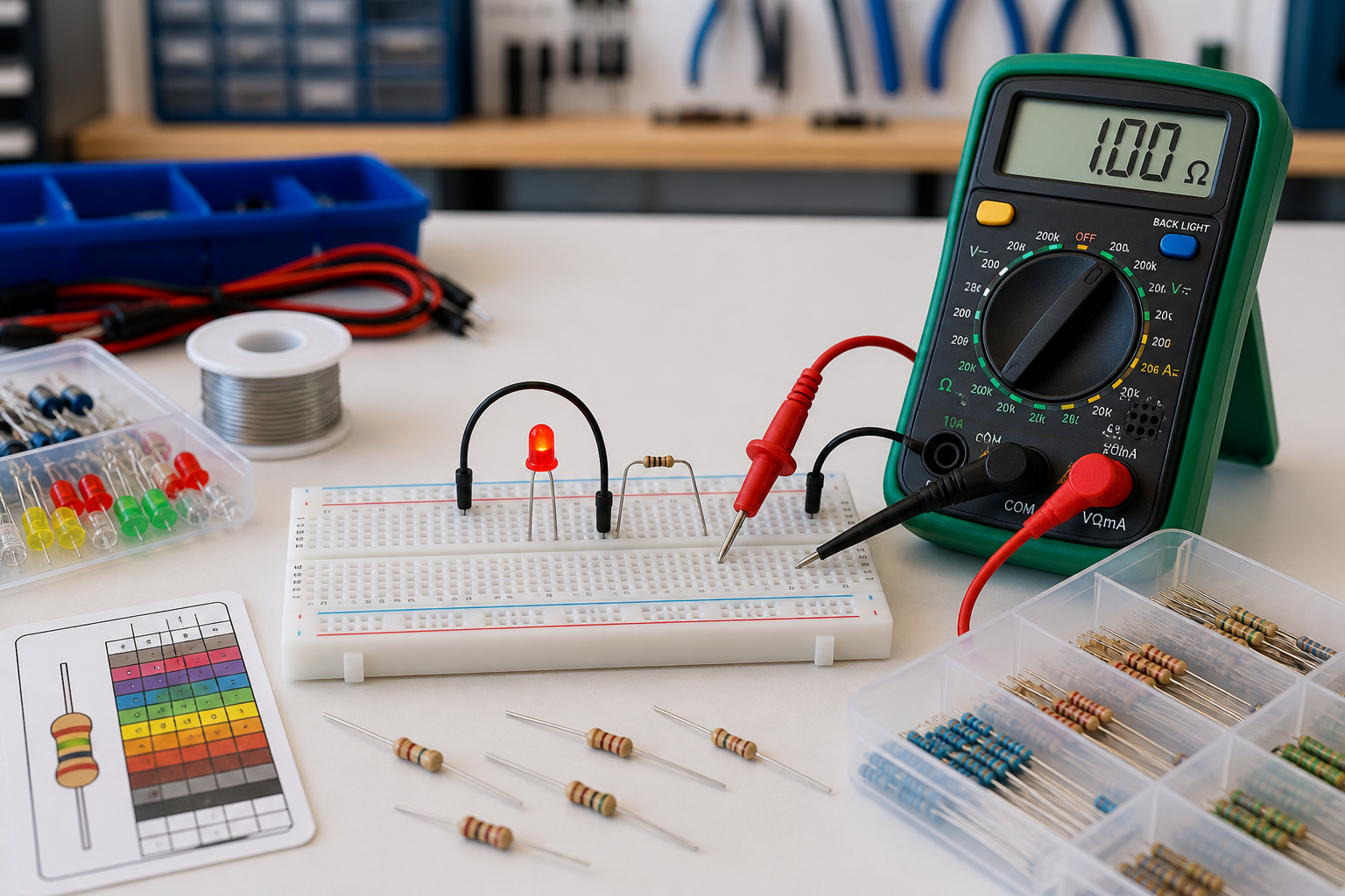 Resistor, LED, and multimeter used to explain electrical resistance in a classroom