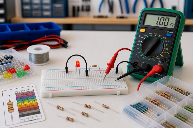 Resistor, LED, and multimeter used to explain electrical resistance in a classroom