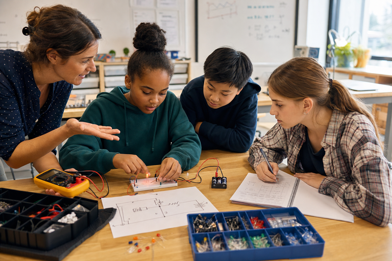 Middle school students and a teacher testing an LED breadboard circuit with a multimeter and design notes