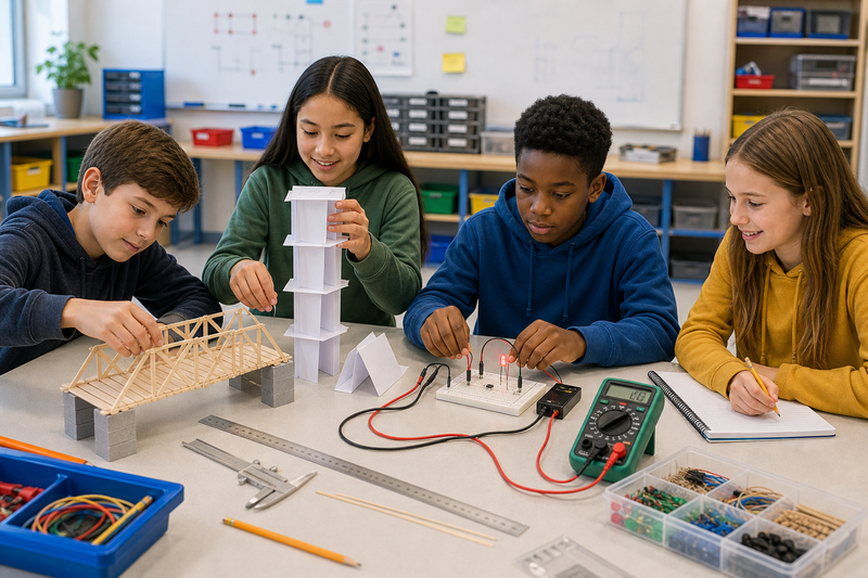 Students testing prototypes and discussing evidence during a hands-on STEM classroom activity