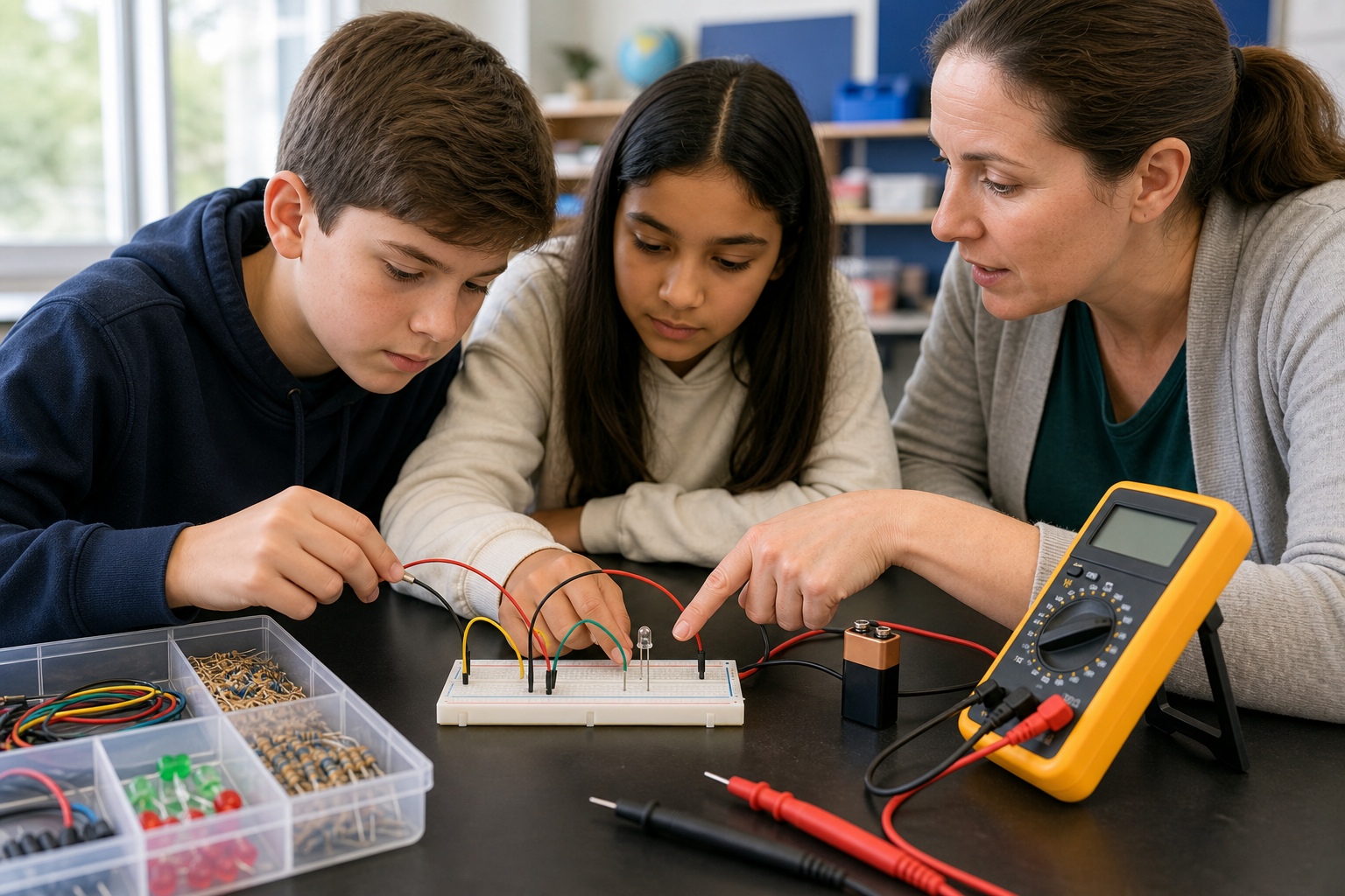 Teacher and students troubleshooting an unlit breadboard circuit with a multimeter nearby