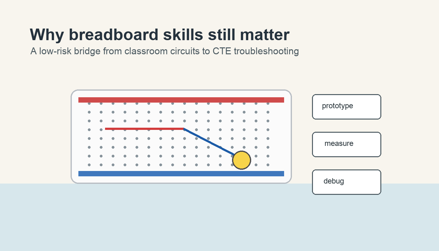 Solderless breadboard circuit with labels for prototype measure and debug skills