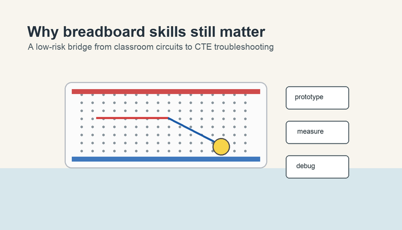 Solderless breadboard circuit with labels for prototype measure and debug skills