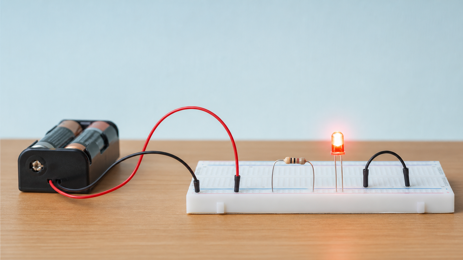 Simple LED breadboard circuit with a series resistor for classroom electronics