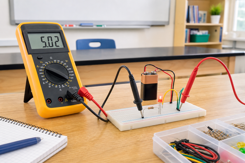 Student notebook with circuit predictions beside a multimeter and simple breadboard circuit
