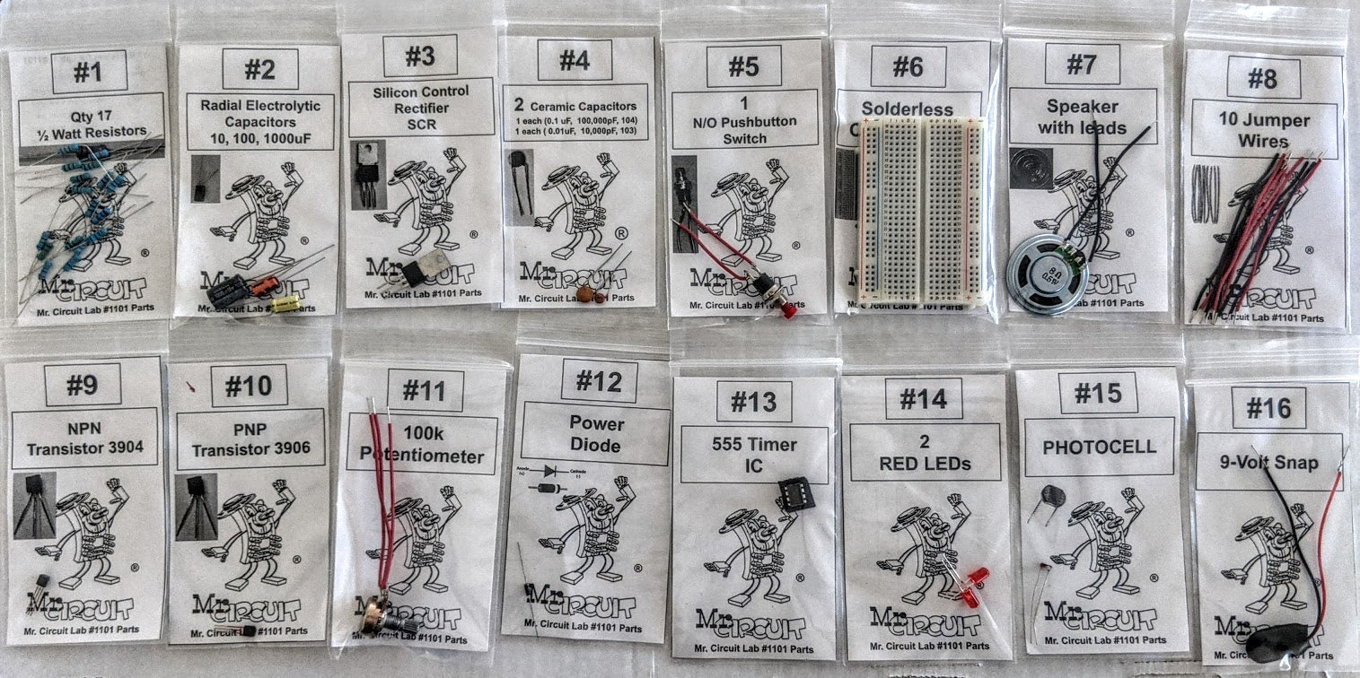 1101-P Mr Circuit Lab 1 - "Basic Electronics Experiments" In plastic 8.5"x11" 4 mil durable resealable bag - Electronics instruction FOR FUTURE Robotics ENGINEERS AND TECHNICIANS