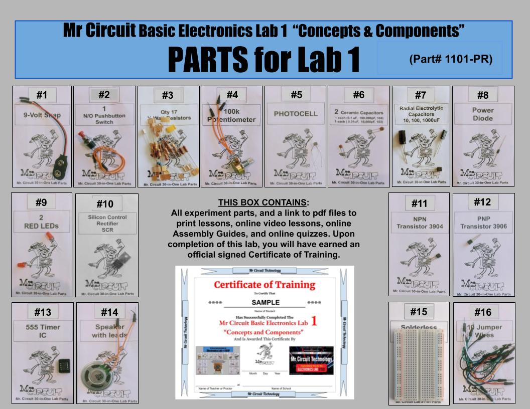 1101-P Mr Circuit Lab 1 - "Basic Electronics Experiments" In plastic 8.5"x11" 4 mil durable resealable bag - Electronics instruction FOR FUTURE Robotics ENGINEERS AND TECHNICIANS
