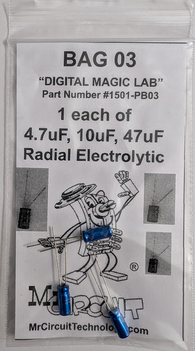 1501-PB03 - Bag #03 - Three Radial electrolytic capacitors 1 ea. of 4.7uF 10uF 47uF FOR LAB 5