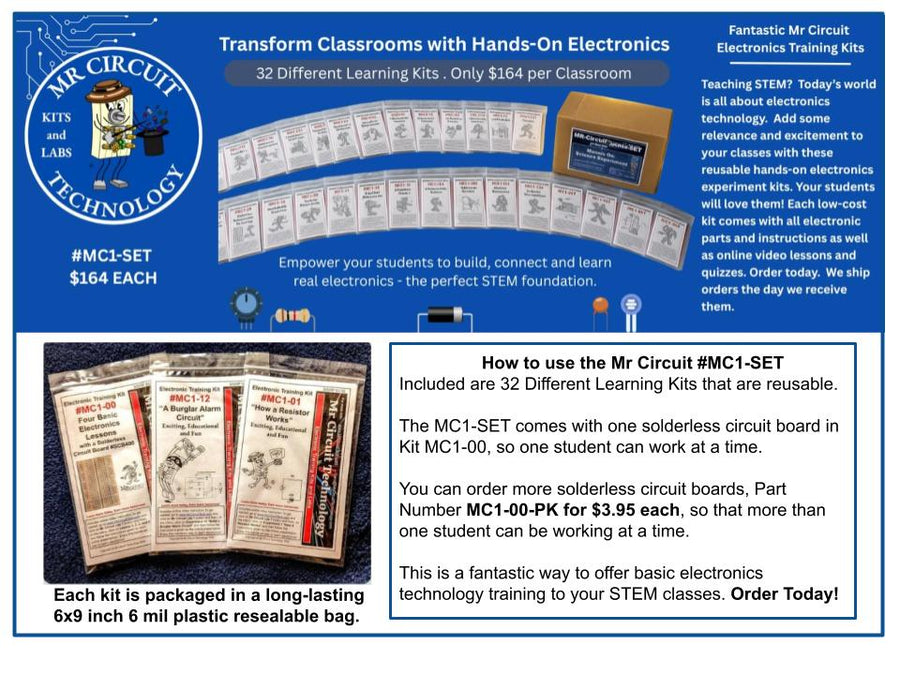 MC1-SET  This is Mr Circuit Lab 1 organized into 32 unique REUSABLE solderless experiment kits. | Made in USA