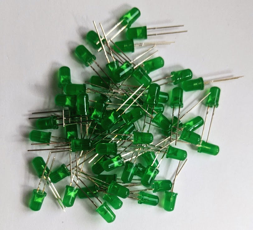 Green LEDs T 1 3/4 diffused Order in Packs of 2, 5, 10, 20, 50, or 100