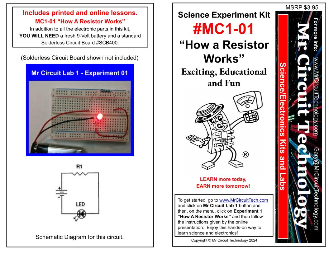 MC1-SET * * Mr Circuit Science * * Complete Set of 31 different Experiment Kits for future Robotics Engineers and Technicians Set of 31 Kits  These low-cost science/electronics experiment kits are convenient and easy to use.