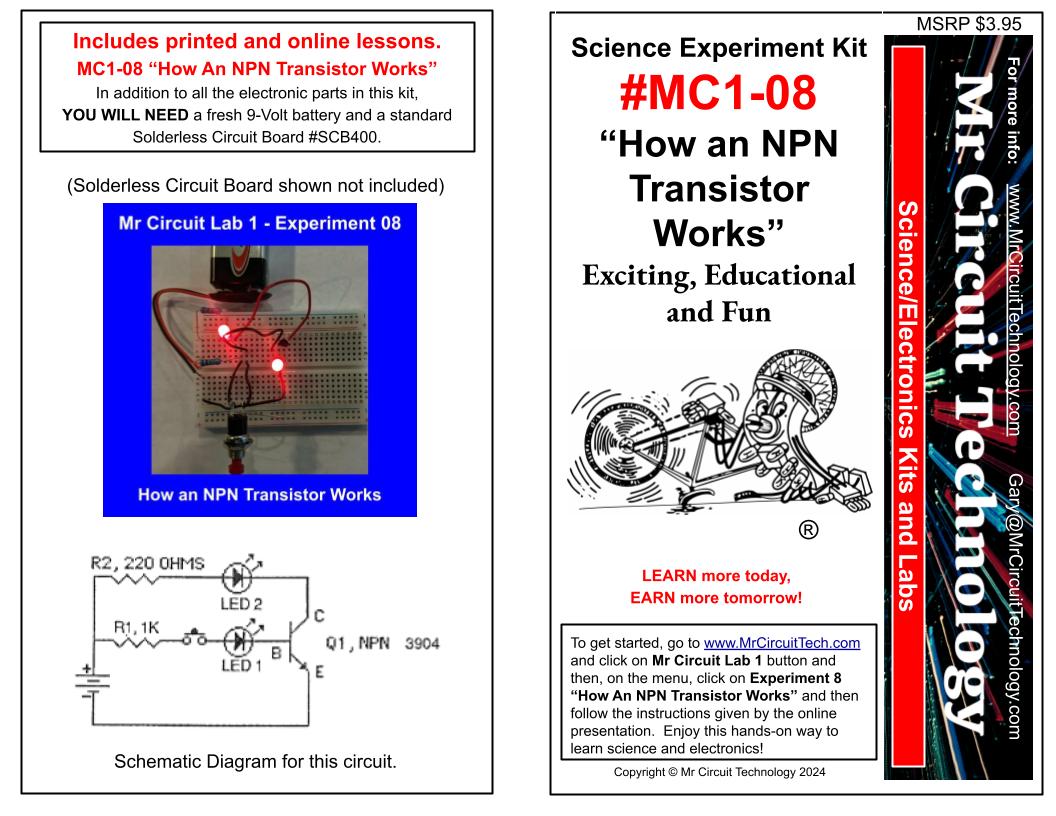 MC1-SET * * Mr Circuit Science * * Complete Set of 31 different Experiment Kits for future Robotics Engineers and Technicians Set of 31 Kits  These low-cost science/electronics experiment kits are convenient and easy to use.