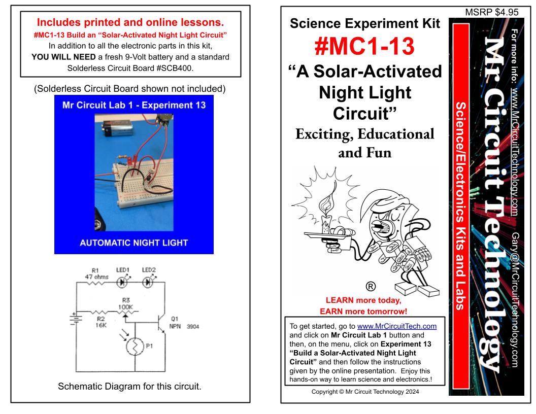 MC1-13 Mr Circuit Science Experiment Kit "Solar-Activated Night Light Circuit"