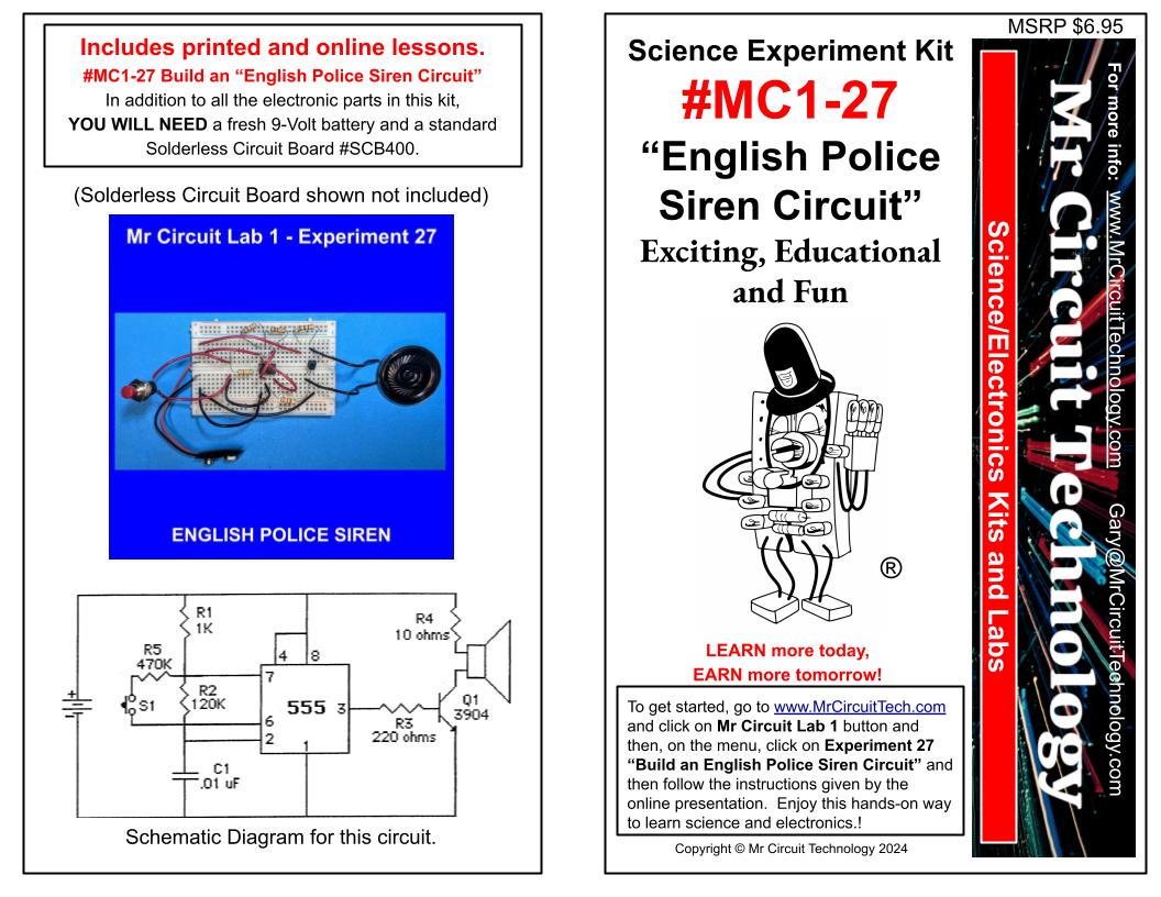 MC1-SET * * Mr Circuit Science * * Complete Set of 31 different Experiment Kits for future Robotics Engineers and Technicians Set of 31 Kits  These low-cost science/electronics experiment kits are convenient and easy to use.