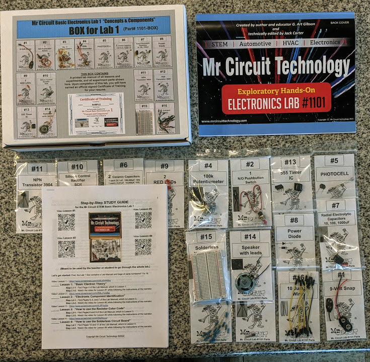 <b>Mr Circuit Lab</b> (#1101-LAB) Basic Electronics STEM Lab for Grades 7-12 - Low-Cost Lab for future Robotics Engineers and Technicians & HAM Radio. <br> Only $39 each.