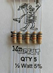 1/2W 5% carbon film resistor tan - Qty 5 -Pick Values from - 1 ohm to 22 Meg ohm -Ship Day Ordered-Mr Circuit